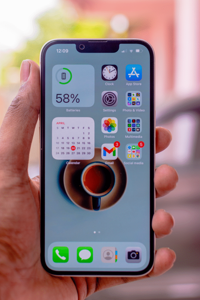 Hand holding a smartphone with app icons, battery percentage, and a calendar widget
